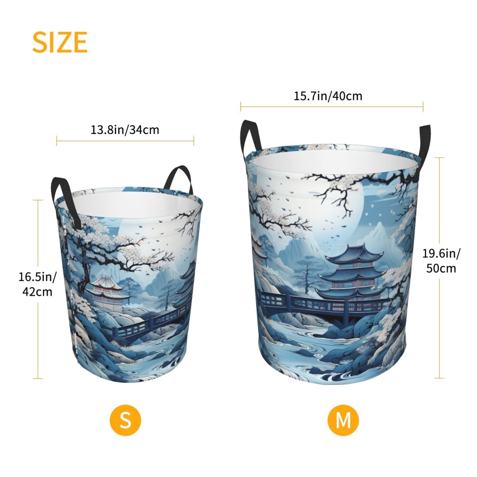 Chinese Style Powder Chinoiserie Toile Blue Foldable Laundry Hamper with Handle Storage Basket for Clothes Toys & Organizing