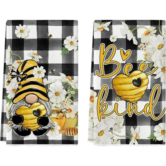 Buffalo Plaid Gnome Bee Summer Kitchen Towels Dish Towels, 18x26 Inch Seasonal Summer Decoration Hand Towels Set of 2