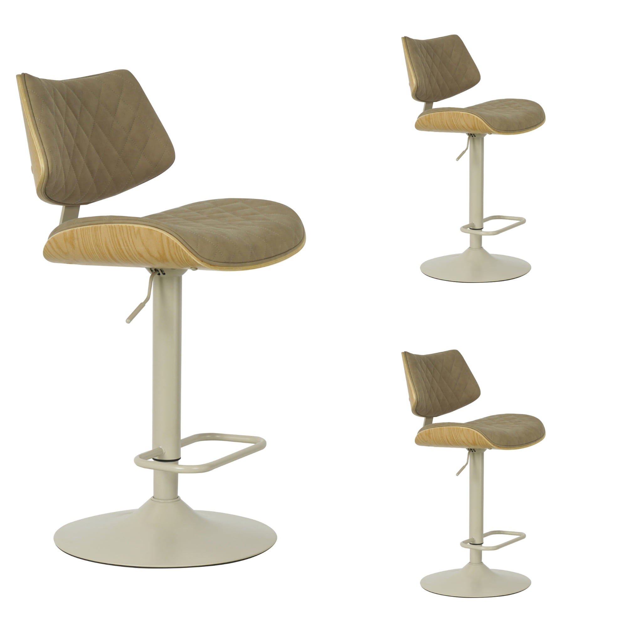 Leland Adjustable Swivel Vintage Taupe Curved Back Wood Bar Stool with Faux Leather Seat Set of 3