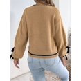 thumbnail image 4 of Women Knit Crew Neck Contrast Lantern Long Sleeve Pullover Sweater with Decorative Cuff Straps Khaki XL, 4 of 9