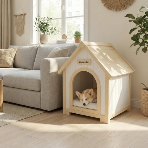 Indoor Wooden Dog House for Small Dogs and Cats Solid Cedar A-Frame Pet House with EVA Cushion Scandinavian Design, Creamy White,Light Yellow