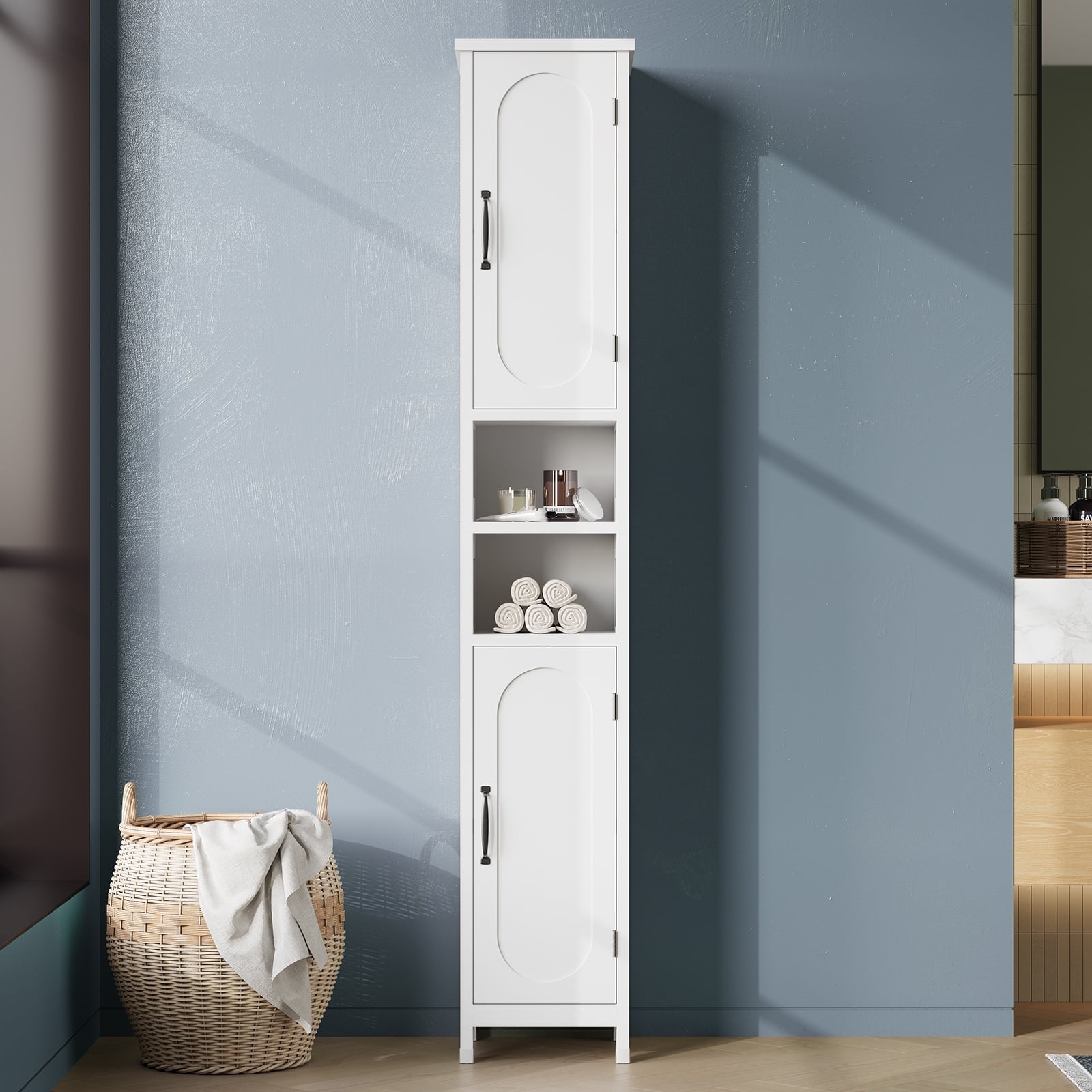 Selooye Tall Bathroom Storage Cabinet with Lights, Adjustable Shelves, White