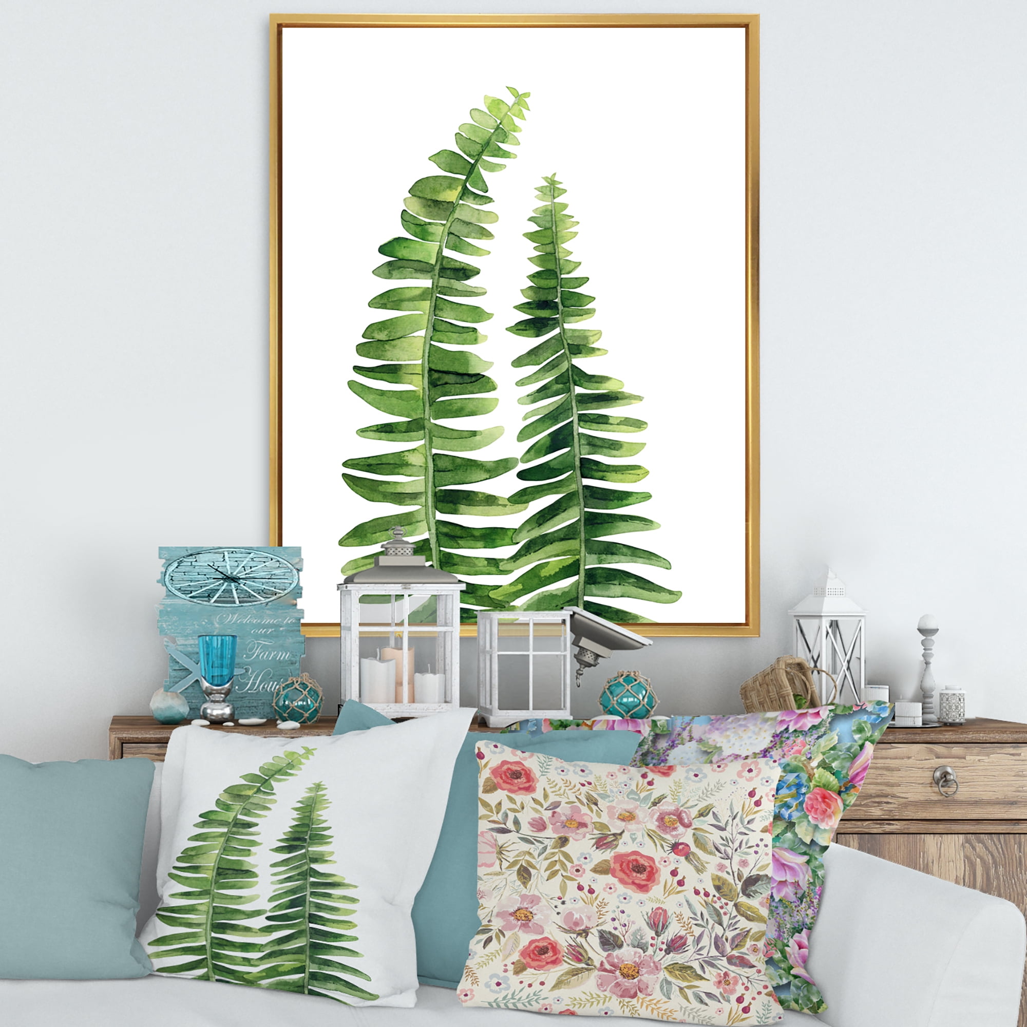 Designart 'Fern Plant Leaves Detail IV' Farmhouse Framed Canvas Wall Art Print