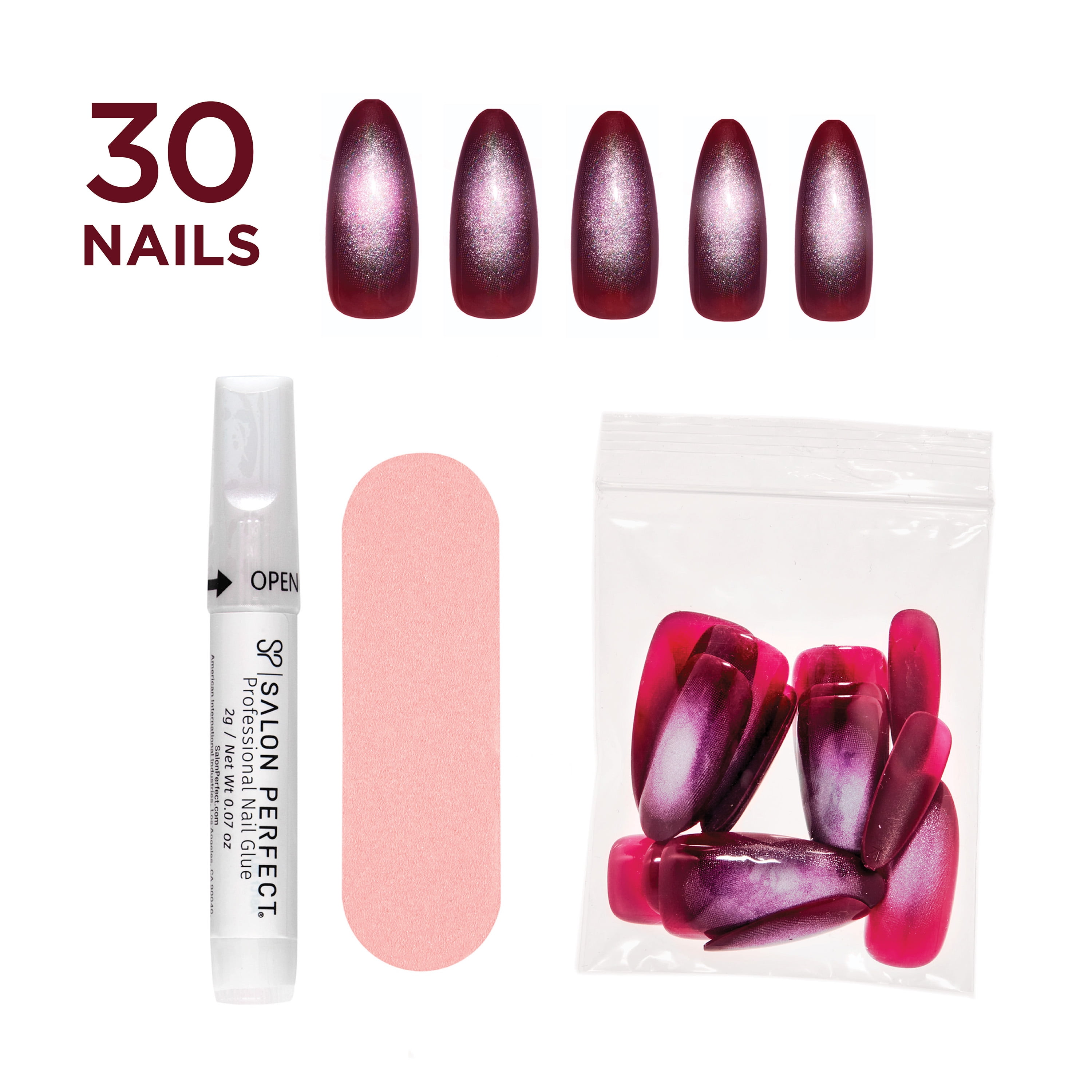 Salon Perfect Artificial Press on Nails, 196 Aura Deep Purple Magnetic, Long Almond Glue on Fake Nails, File & Nail Glue Included, 30 Nails