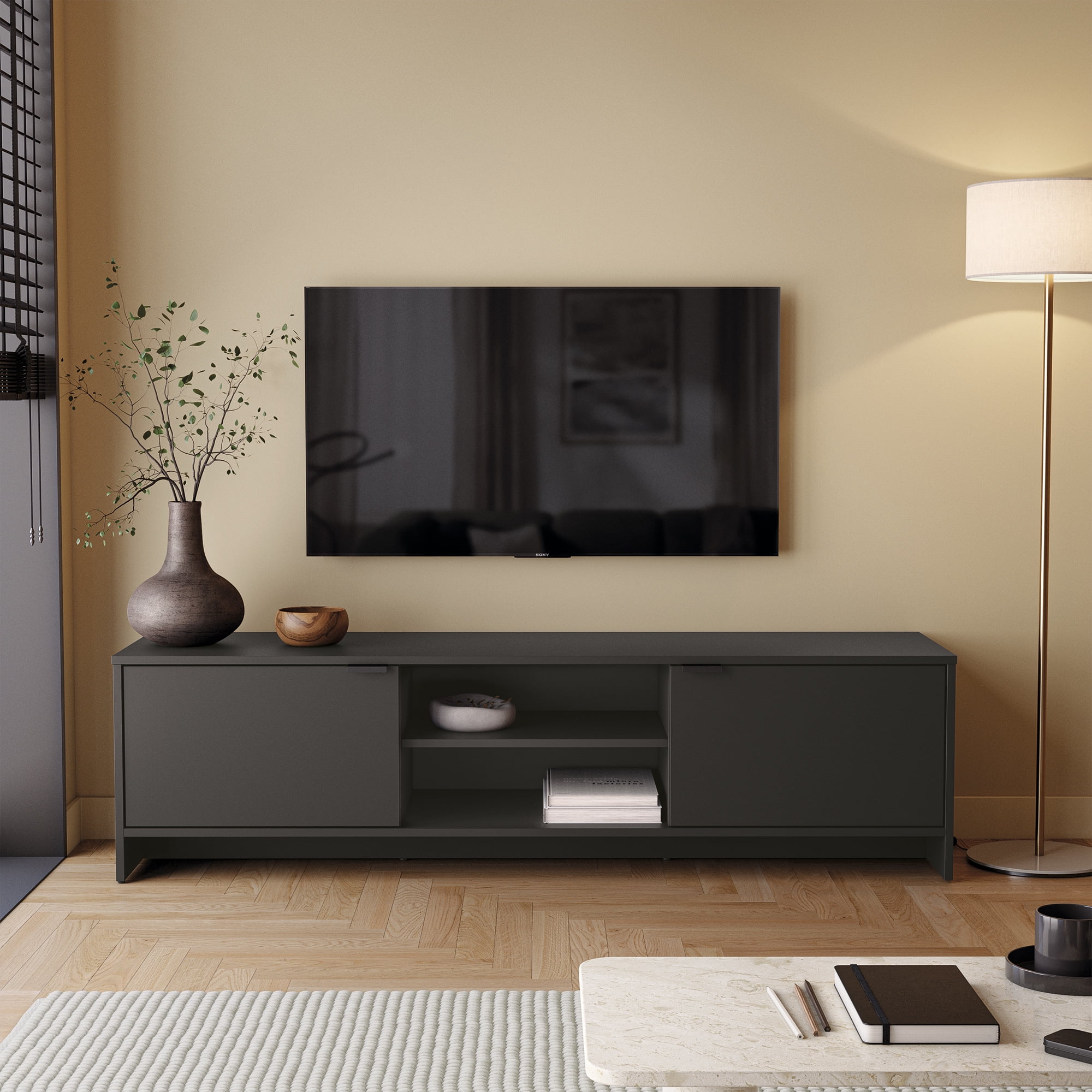 Kappesberg Milan Black 59.05" W TV Stand Modern Entertainment Center with 2-Doors and Open Shelves Media Console for Living Room for Adults and Teens