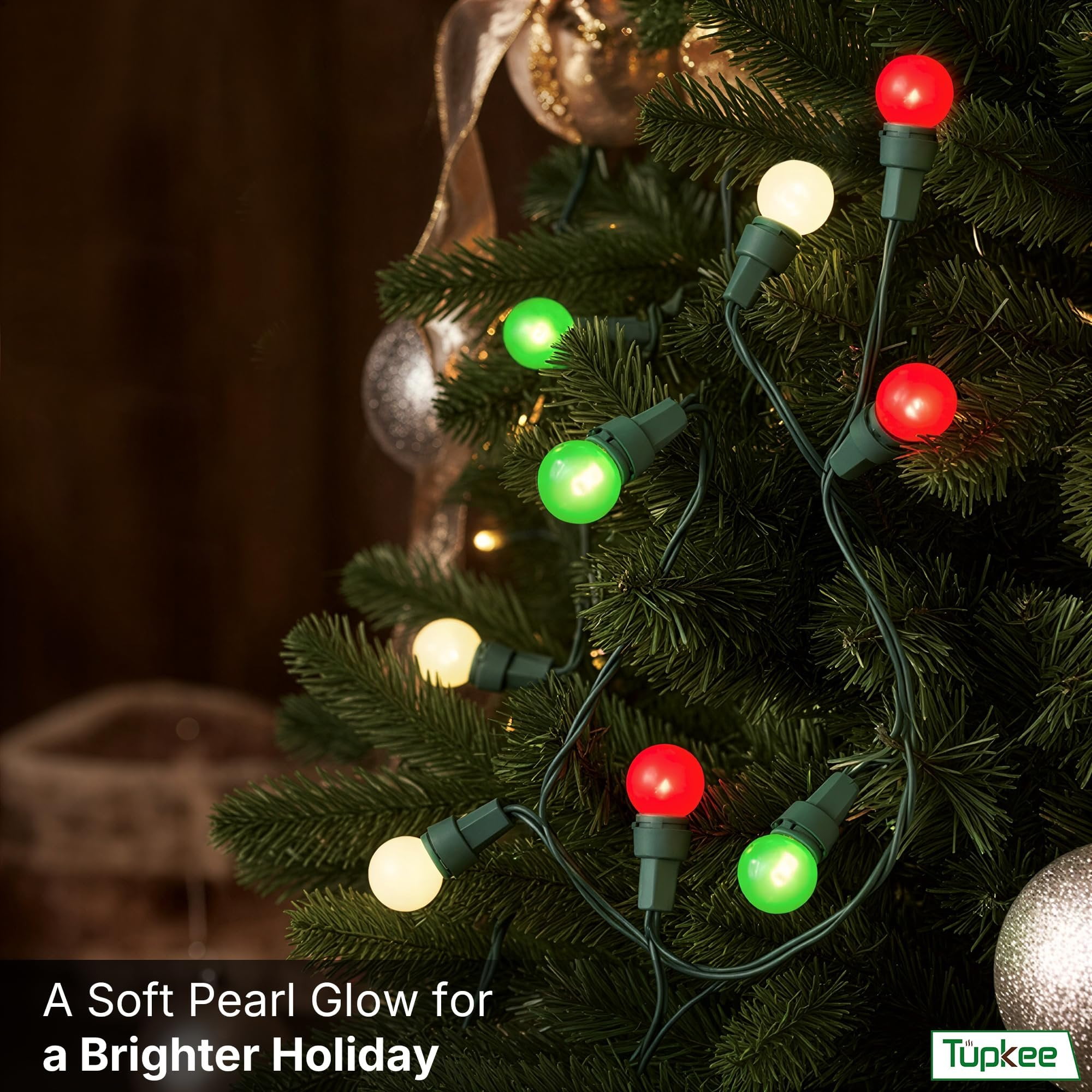 Tupkee Pearlized Glass Mini Globe Lights Set - 70 G15 Red, Green & Warm-White LED Bulbs - Indoor Outdoor - 25.3 Feet Pearl Berry Mini Globe Round Bulb Light String, Christmas Tree Holiday Lights