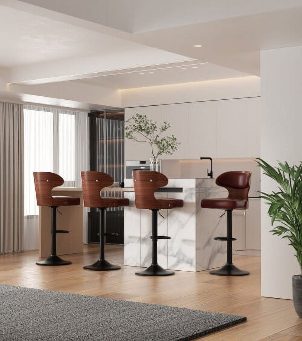 Hawsaiy Bar Stools Set of 4, Adjustable Height 24.5"-33.5", Bentwood Swivel Barstools with Back & Footrest, PU Leather Upholstered Bar Chairs for Kitchen Island, Dining Room, Home Bar