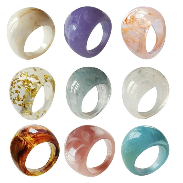 9 anillos sencillos de resina, transparentes y modernos, ideales para decorar los dedos de mujeres y niñas.