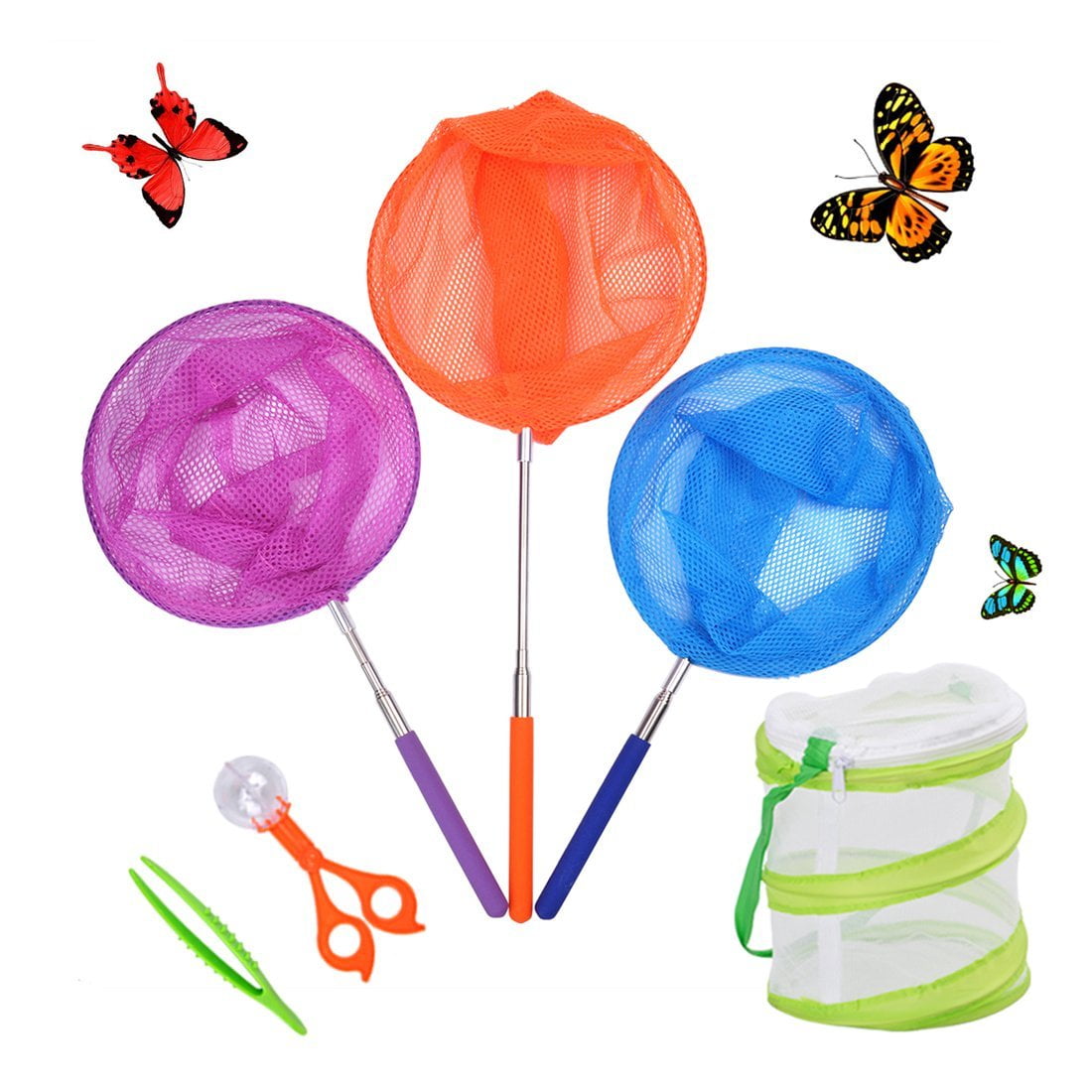 dewel 3 pack colored telescopic butterfly nets for kids bug insect catching net extendable 34