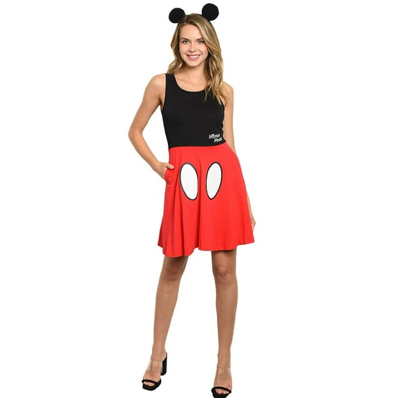 Juniors Women Disney Mickey Mouse Costume Dress & Ears 2-Piece Set (Size Small)