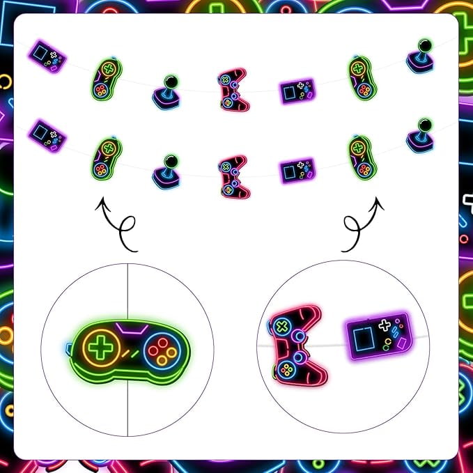 8Pcs Neon Video Game Theme Streamers Garlands Banners for Boy - Game Ceiling Wall Hanging Decors Colorful Gaming Birthday Baby Shower Party Decorations Photo Booth Props…