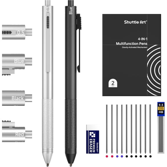 Shuttle Art 4 in 1 Multicolor Pen, 2 Pack Retractable Ballpoint Pens with 1.0mm Black Blue Red Ink and 0.5mm Mechanical Pencil, Multifunction Pens Gift Set for Writing Note Taking