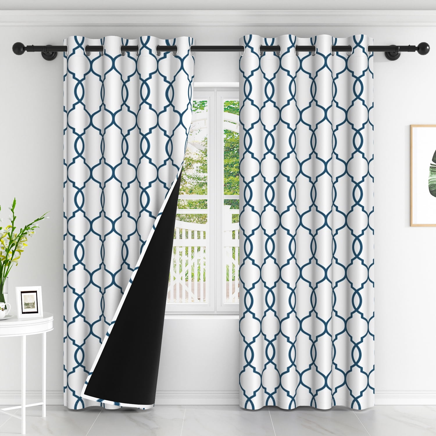 Lfeey Geometric Grid Pattern Light Filtering Grommet Blackout Curtains, Navy Blue, 42x84 Inches, 2 Panels
