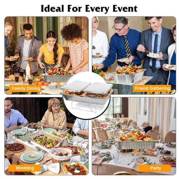 42 Piece Disposable Chafing Dish Set Complete Buffet Catering Supplies with 6 Full & Half Size Pans Lids Stands Utensils Aluminum Foil for Weddings Parties Events Catering Easy Clean Up