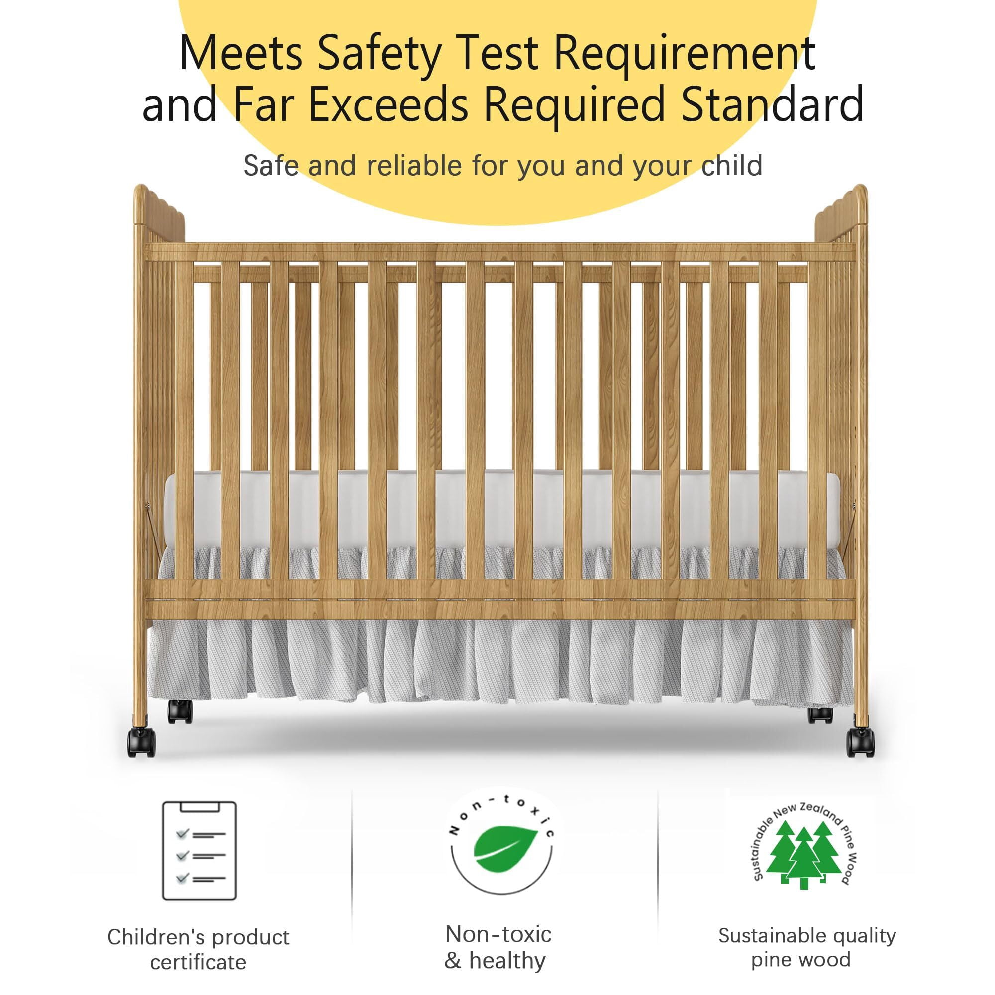 Baby Convertible Crib 3 In 1, Converts from Baby Crib to Toddler Bed, New Zealand Pinewood Baby Bed with Locking Wheels and Teething Rail, Crib with 4 Height Adjustment and Non Toxic Finish, Natural