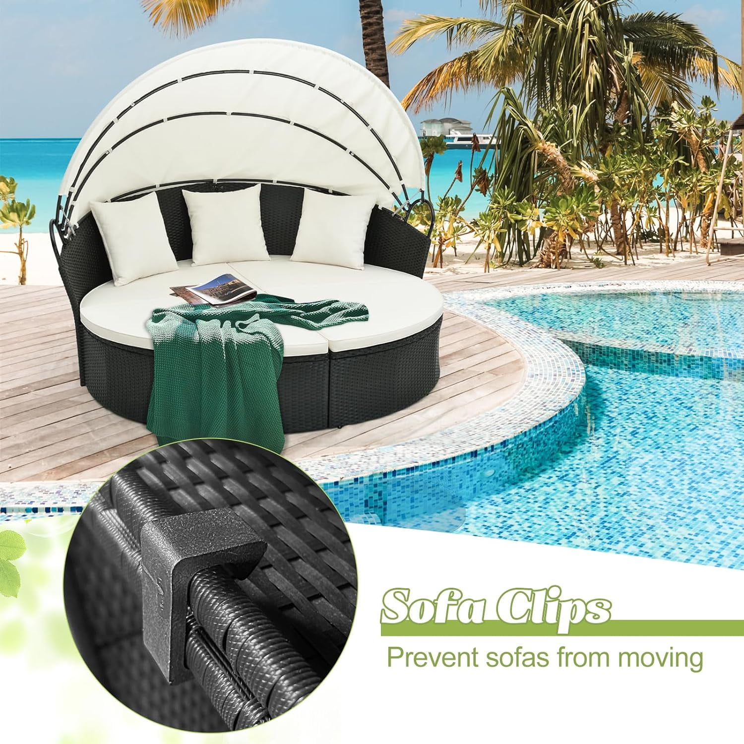 Gymax Outdoor Patio Round Wicker Daybed w/ Separate Seating Sofa, Retractable Canopy, 4 Cushion 3 Pillows Black & White