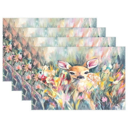 

Fawn in Wildflowers 4-Piece 12x18in Heat-Proof Place Mats Set Non-Slip for Family Dining