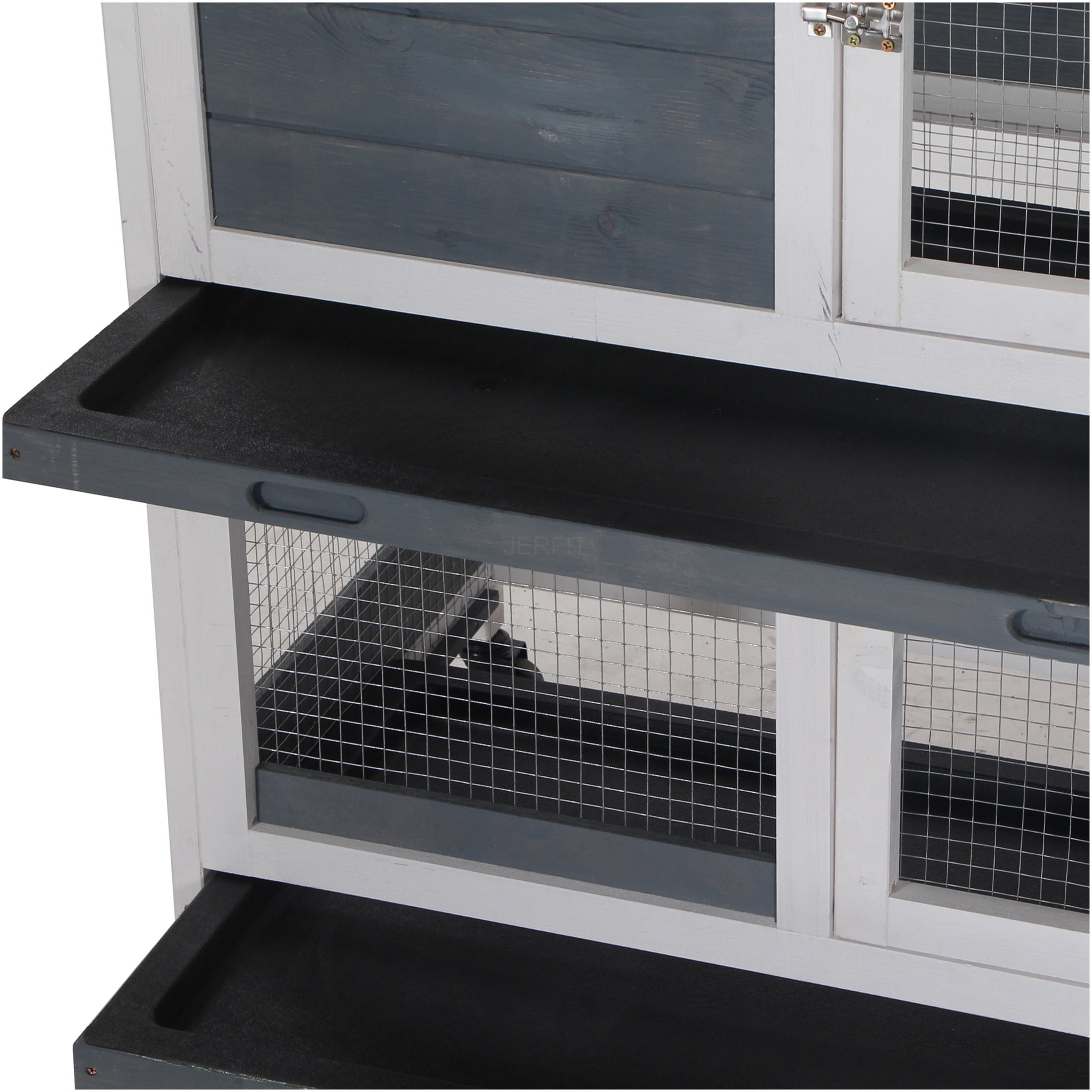 JERFIT 2-Tier Wooden Rabbit Hutch with Wheels, Spacious Indoor Bunny Cage House with Leak-Proof Tray & Ramp for Guinea Pigs, Small Animals, Grey