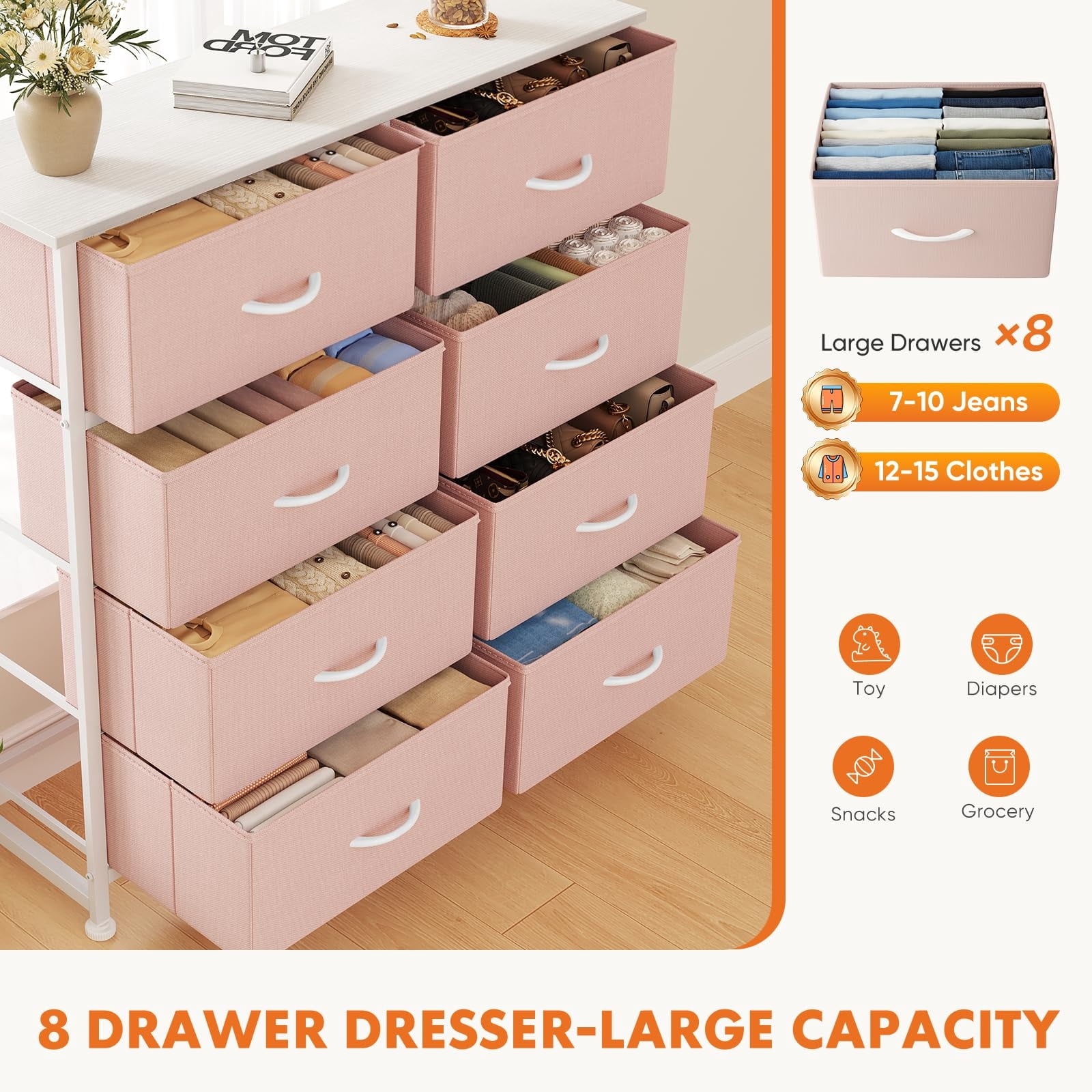 Telyra 8-Drawer Fabric Dresser Tall Storage Tower with Wood Top and Steel Frame Bedroom Closet Organizer, Pink