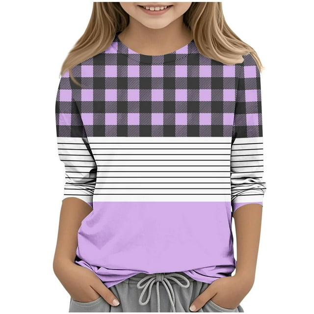 Floleo Chemise à Carreaux Rayée à Manches 3/4 pour Garçons et Filles – Chandail Léger à Col Rond pour Printemps Automne Imprimé Décontracté Superposition (Violet, 11 Ans)