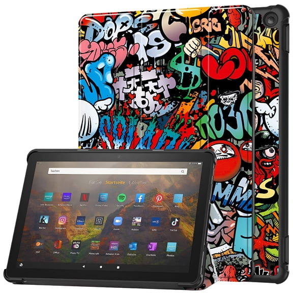 PU Leather Case for Amazon Kindle Fire HD 10 13th Gen 2023, 10.1 Inch Trifold Stand Protective Cover with Auto Wake Sleep, Shockproof Tablet Shell with Graffiti Print