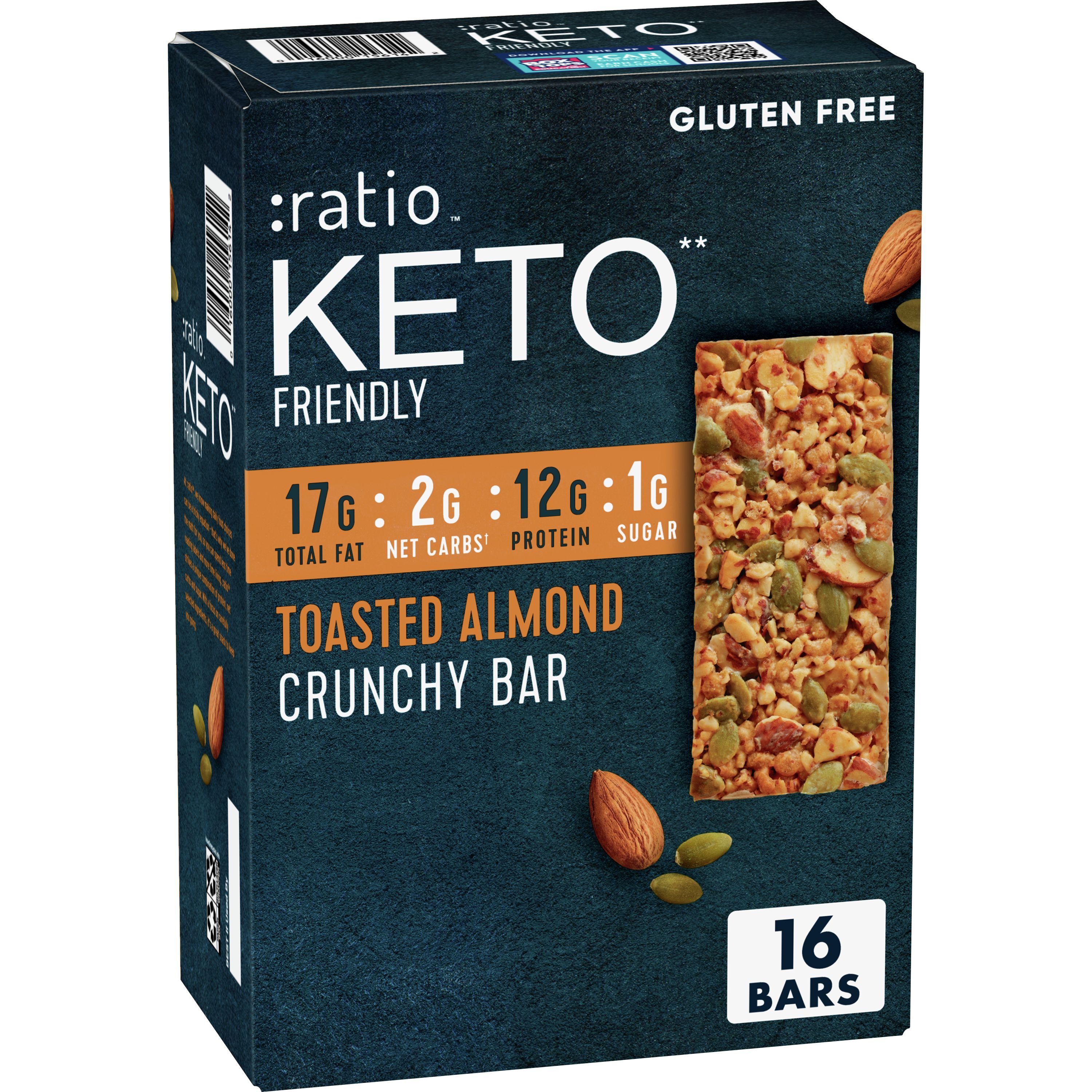 ratio KETO Friendly Crunchy Bars, Toasted Almond, Gluten Free Snack, 16 ct