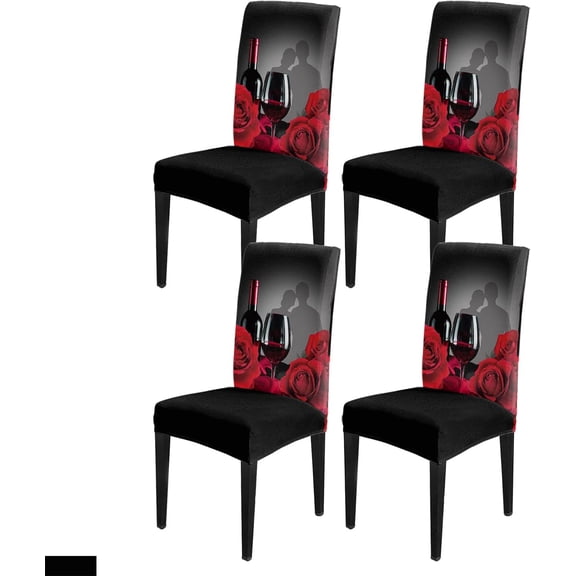 Valentines Day Dining Chair Cover Set of 4 - Coupon Love Red Rose Flower Wine Black Grey Stretch Chair Protectors Slipcover,Spandex Kitchen Chair Seat Back Cushion Slip Cover for Dining Room,Party