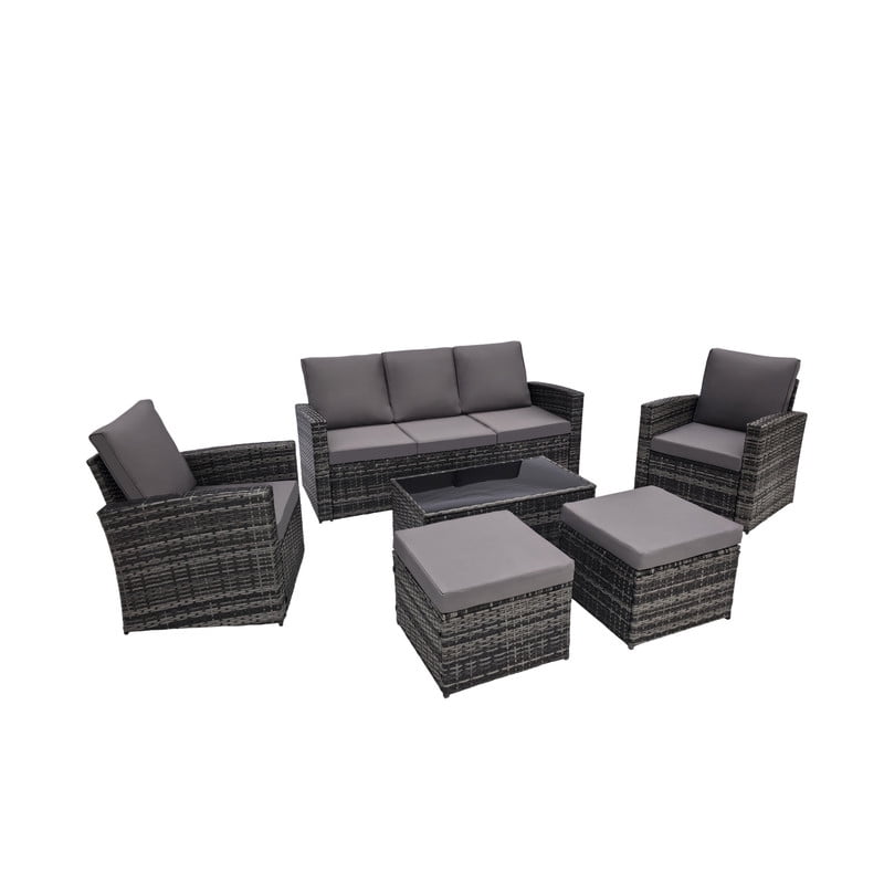 6-Piece Patio Furniture Set with 2 Ottomans, PE Wicker Sectional Sofa Set with Glass Coffee Table, Patio Conversation Set with Thick Cushion for Backyard Lawn