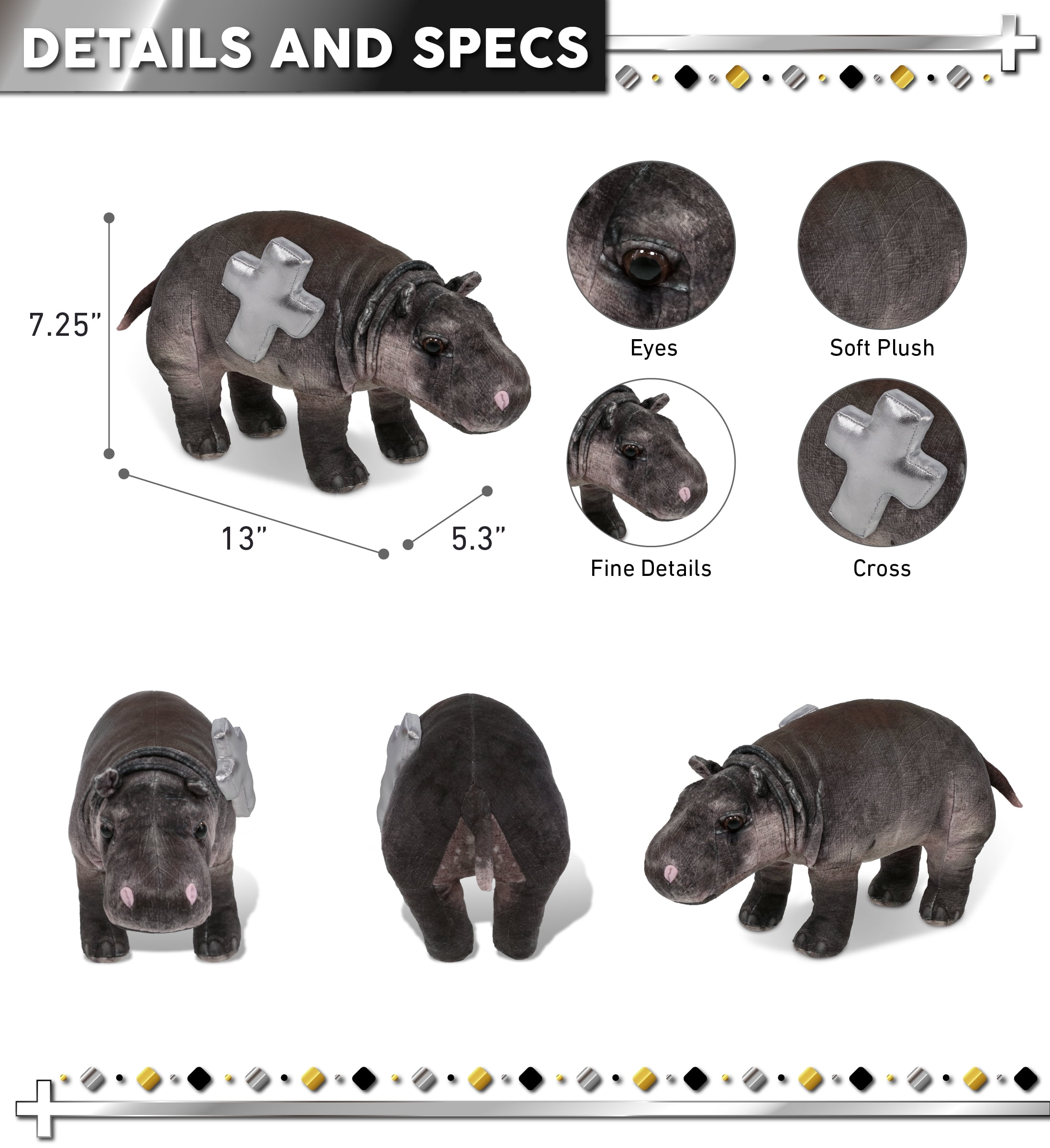 DolliBu Wild Collection Hippo Stuffed Animal with Silver Cross Plush - Baptism Gifts for Boys and Girls, Dedication Christening Gifts Plush Prayer Toy Healing Stuffed Animal - 13 Inches