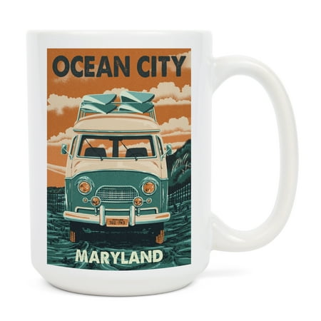 

15 fl oz Ceramic Mug Ocean City Maryland Letterpress Camper Van Surfboard Dishwasher & Microwave Safe
