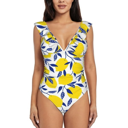 Easygdp Tropical Lemon Ruffle V Neck One Piece Swimsuit for Women Cute and Sexy with Removable Breast Pad - Small