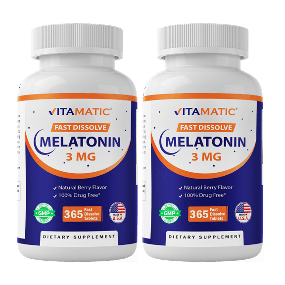Vitamatic Melatonin 3mg Tablets | Vegetarian, Non-GMO, Gluten Free | 1 Year Supply | Natural Berry Flavor - 365 Tablets (2 Pack)