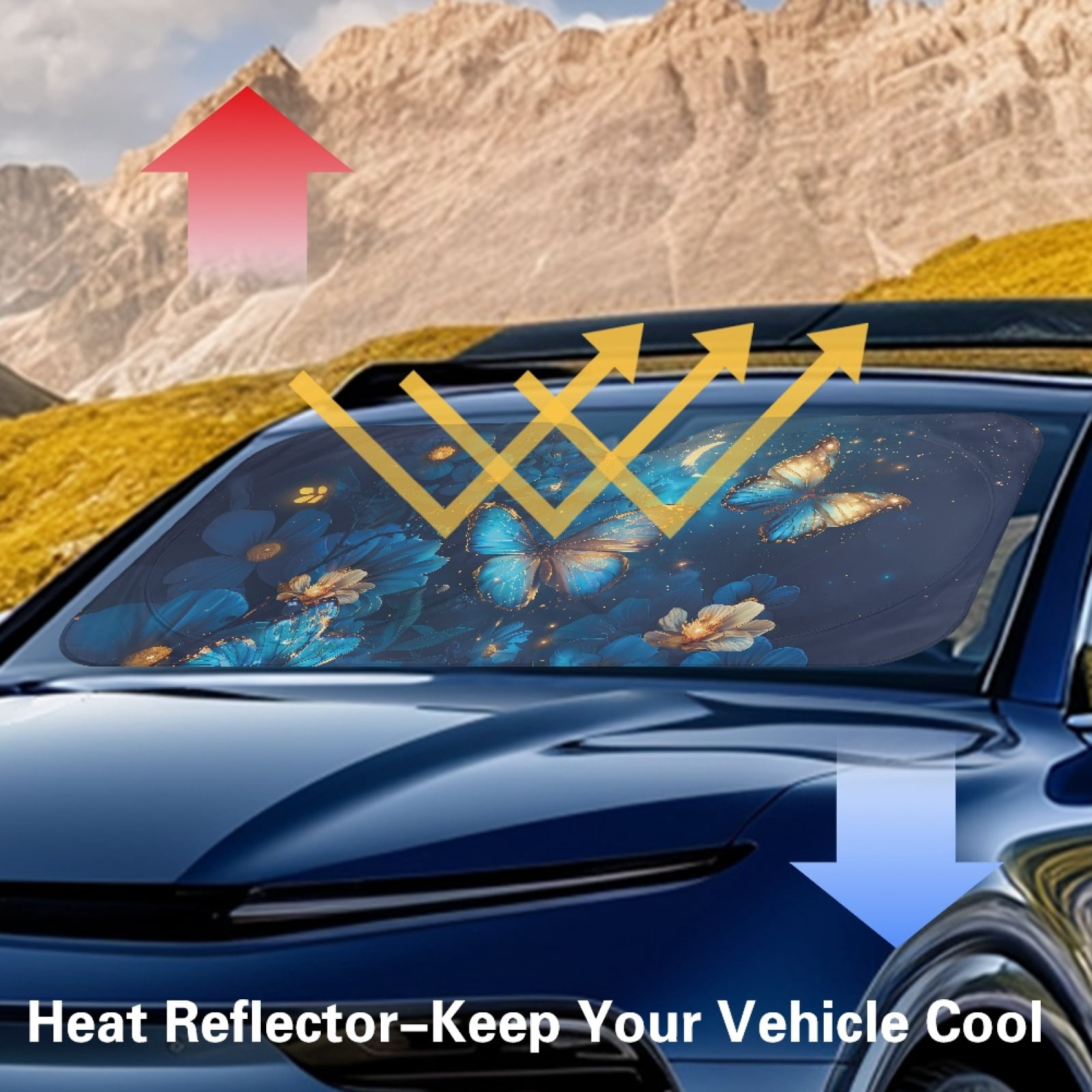 Jeiento Blue Butterfly Automotive Windshield Sunshades Easy to Install Folding Car Sun Shade for Front Window Sun Shade for UV Protection Car Interior Accessories for Sun Heat
