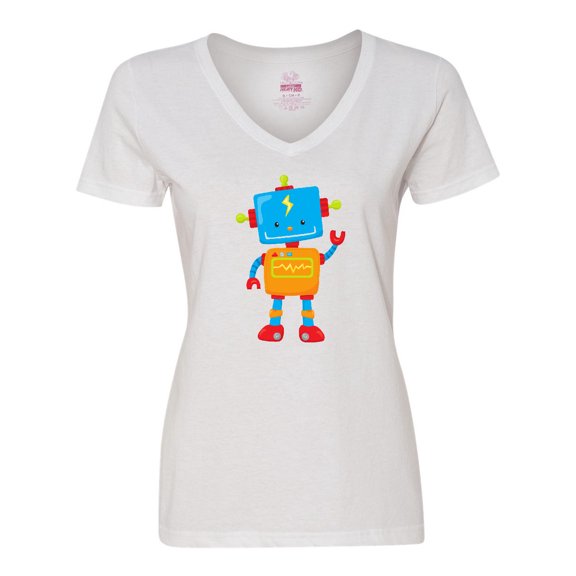 Inktastic Cute Robot, Waving Robot, Colorful Robot Women's V-Neck T-Shirt