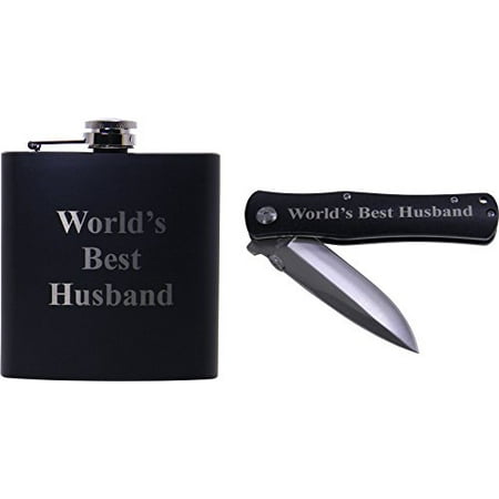 World's Best Husband 6oz Black Flask And Folding Pocket Knife - Great Gift for Father's Day, Valentines Day, Anniversary, Birthday, or Christmas Gift for Husband,