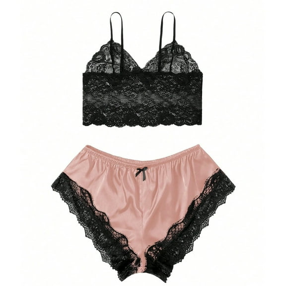 Tnhcen Women's Plus Size Pajama Set Spaghetti Strap Lace Trim Bralette and Shorts Pjs Set Sleepwear Homewear L-4XL