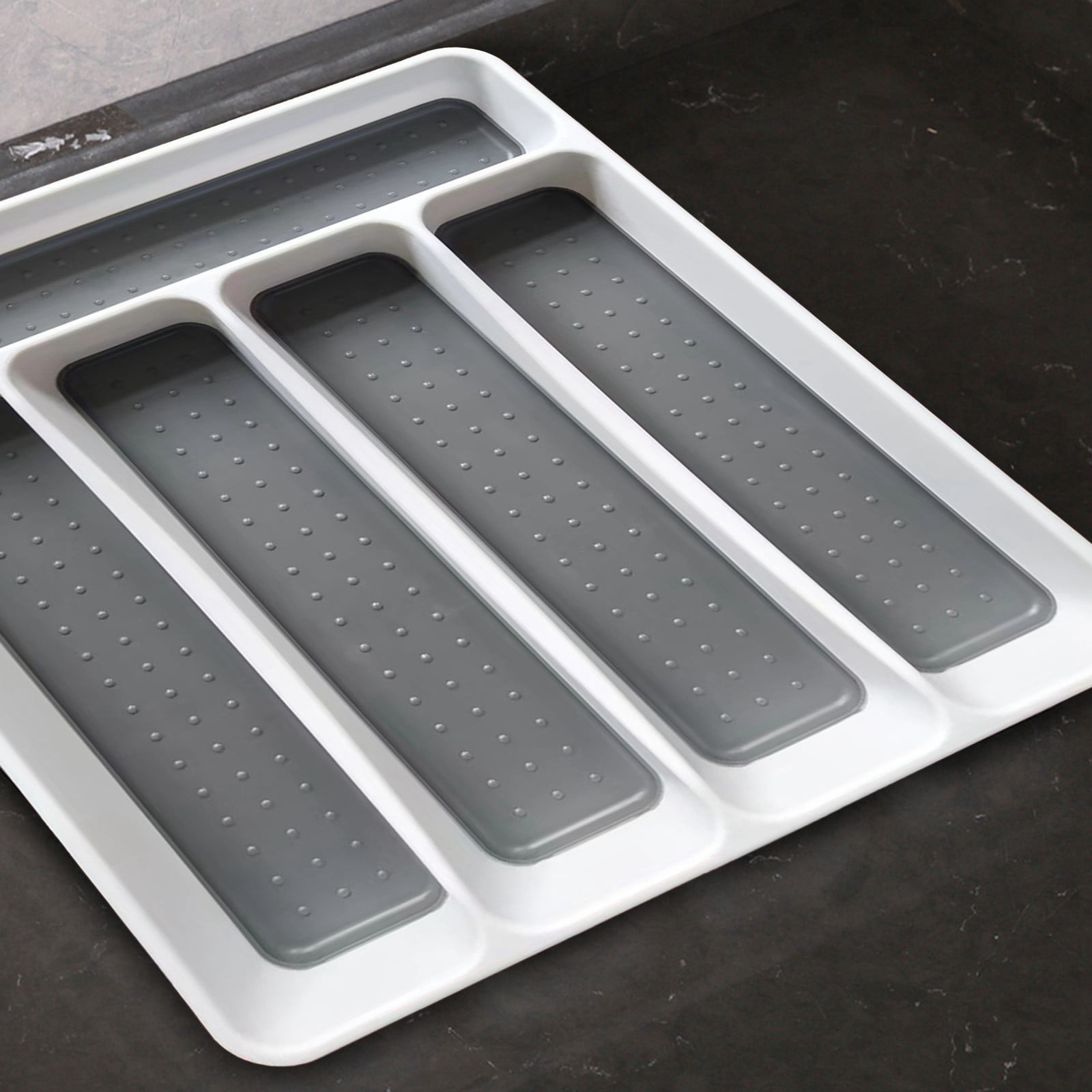5-Compartment Cutlery Drawer Organizer Tray - Plastic Utensil Storage Solution for Spoons, Forks and Kitchen Tools - Grey