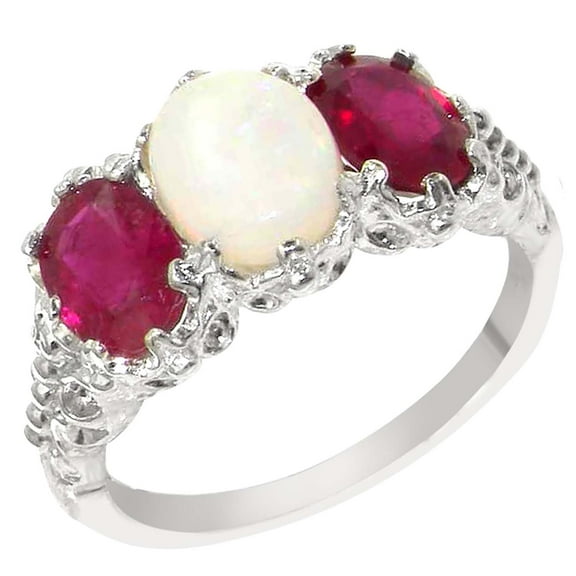 LBG 14k White Gold Real Genuine Opal and Ruby Womens Band Ring - Size 10