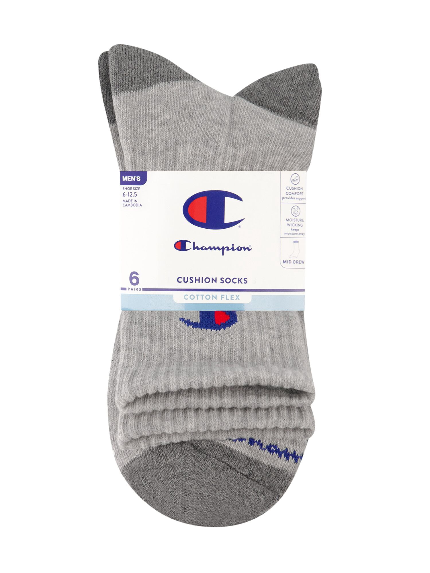 Champion Men’s Mid Crew Socks 6 Pack – Half Terry Cushion, Moisture-Wicking, Arch Support, Stretch Comfort, Sizes 6–12.5