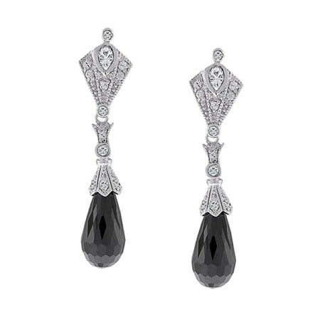 - Deco Style Black Teardrop Faceted Briolette Cubic Zirconia Pave CZ Prom Evening Dangle Earrings 925 Sterling Silver