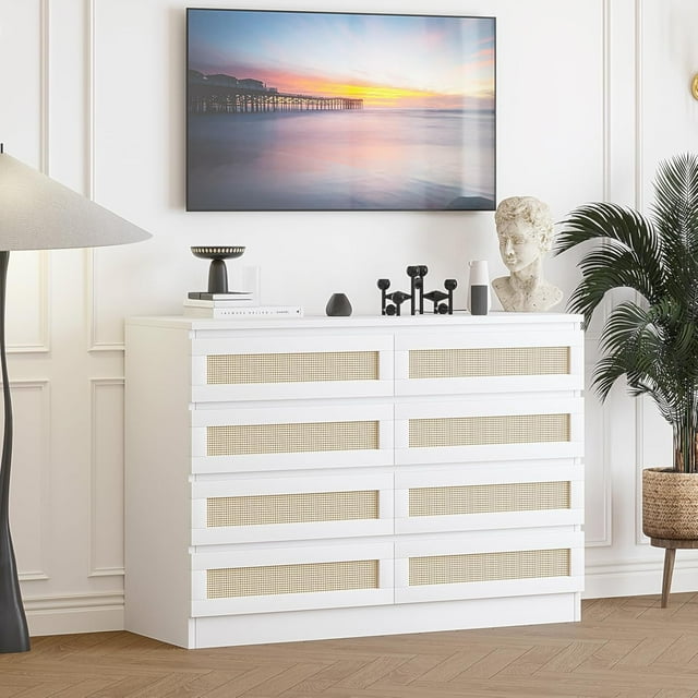 Commode Double à 8 Tiroirs pour Chambre, Commode en Rotin, Commode Moderne en Bois, Table de Chevet pour Garde-Robe, Chambre de Bébé, Salon et Entrée