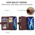 thumbnail image 2 of Wallet Case for iPhone 13 6.1 inch, Retro Matte 9 Card Holder Slots Zipper Pocket Case PU Leather Magnetic Closure Kickstand with Wrist Strap Folio Flip Case - Wine Red, 2 of 15
