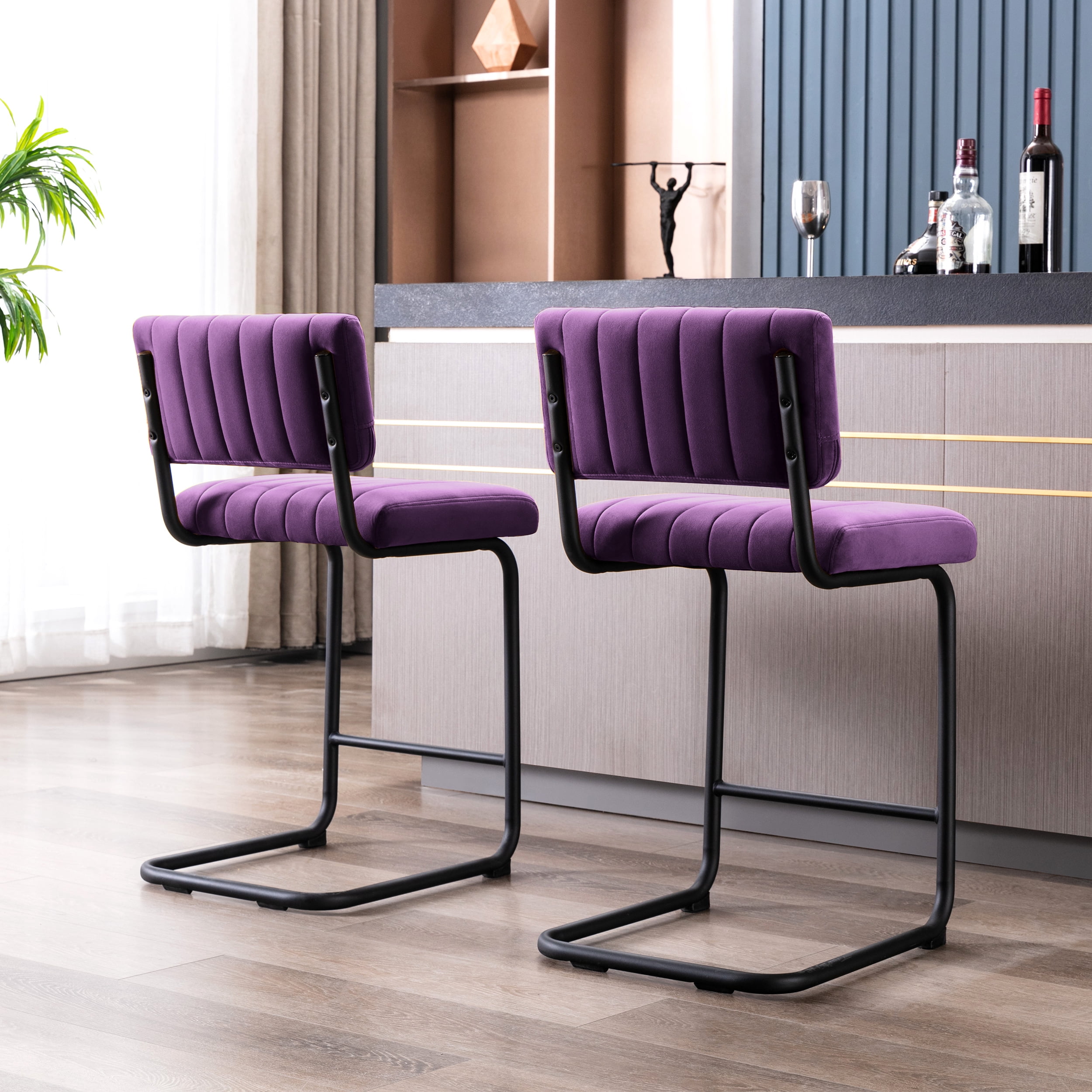 ONEVOG 24''H Counter Height Bar Stools Set of 2, Morden Counter Barstools with Velvet and Black Metal Legs, Upholstered Bar Stool for Kitchen Island, Purple