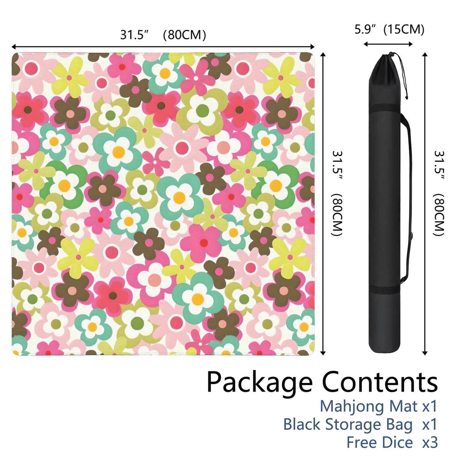Floral Style Mahjong Tile Mat 31.5 Inch Square Rubber Construction Offers Non-Slip Grip and Sound Reduction for Games