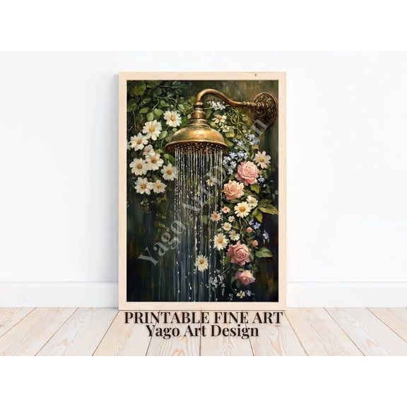 Floral Shower Art Print, Vintage Botanical Bathroom Decor Home Decor #2774, Unframed Poster Size 8x12