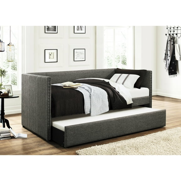 Day Bed With Gray Fabric, Pull-out Trundle And Striking Nailhead Trim Wood Frame For Bedroom Fabric Upholstery Magnificent