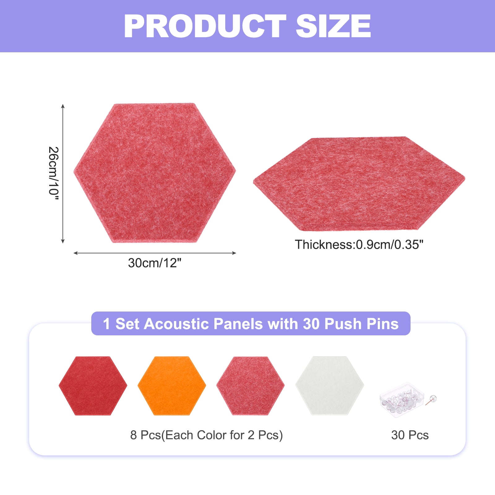 Hexagon Acoustic Panels B1 Fireproof Soundproof Foam Panels with 30 Push Pins(White, Light Red, Reddish Orange, Red)