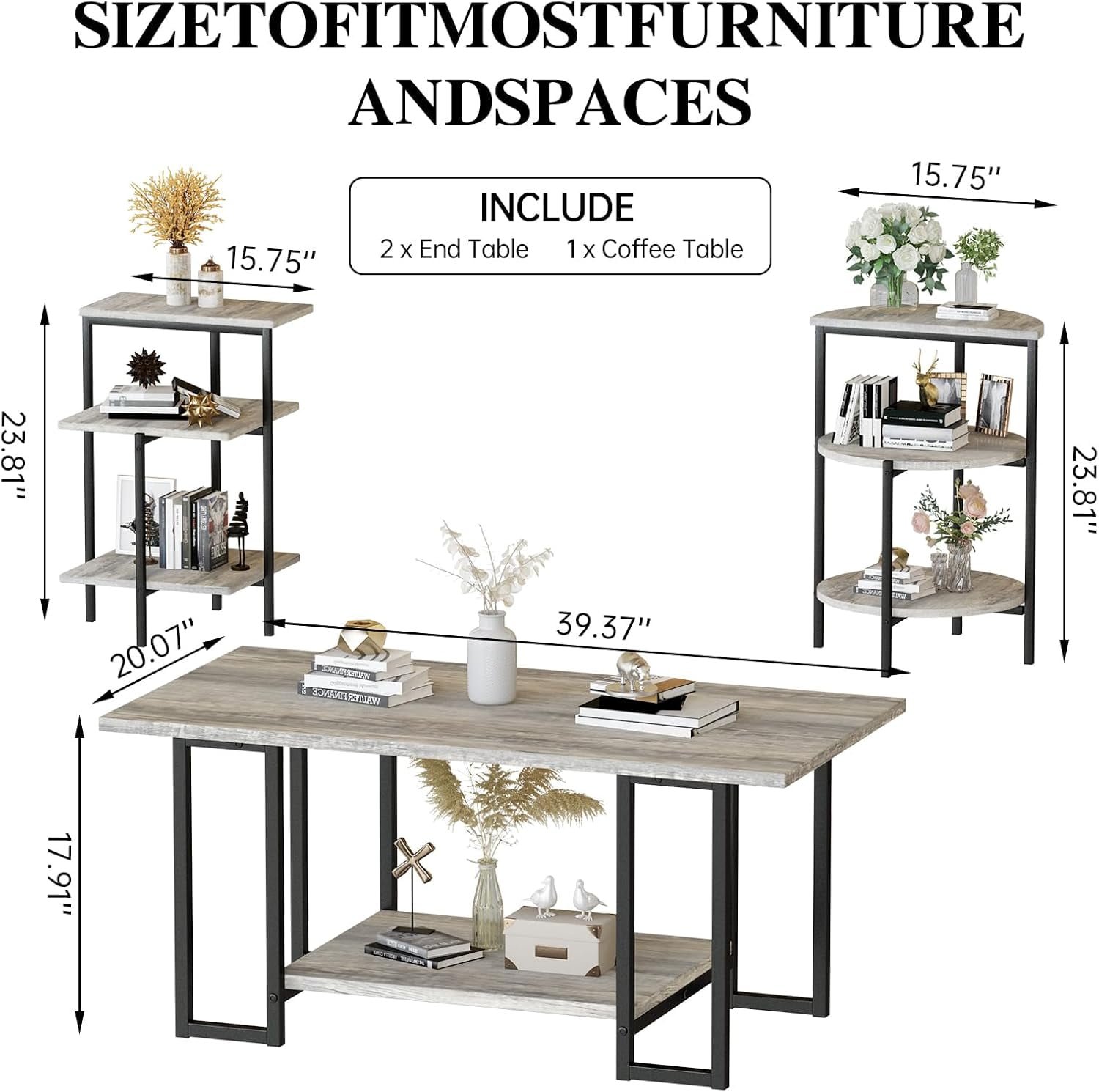 Cvortll Coffee Table Set of 3, Rectangle Faux Marble Tabletop & 2 Tiered Side Tables, Multi-Level Storage for Living Room（Gray & Black）