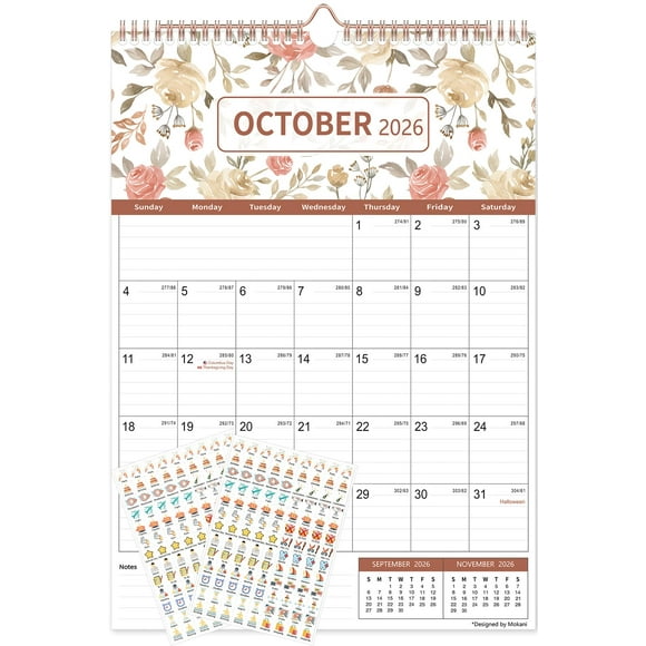 Calendar 2026-2027, Mokani Large Monthly Wall Calendar 2026 Jan.2026 to Jun.2027 (12" x 17"), 18 Months Fridge Planner with Plastic Cover, Stickers for Home School Office