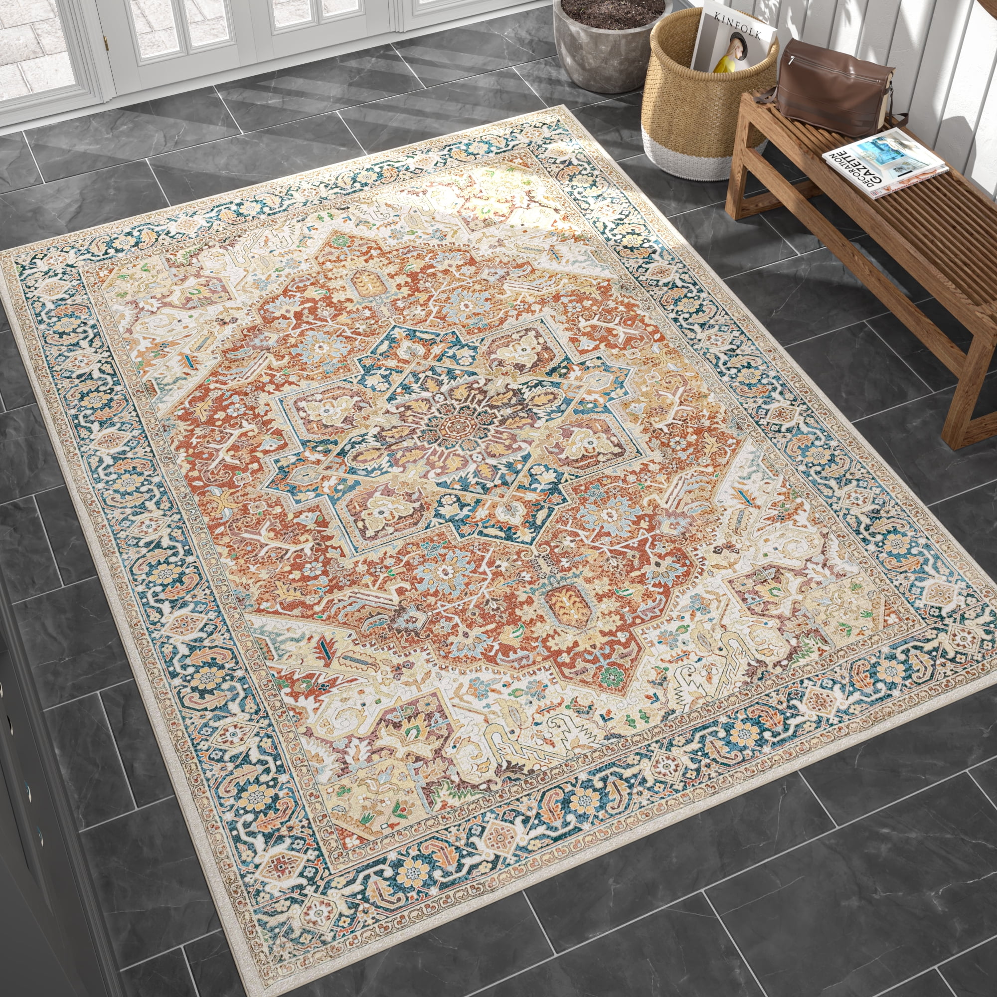 Traditional 8x10 Area Rug (7'5'' x 9'11'') Oriental Rust, Cream Living Room Easy to Clean Machine Washable
